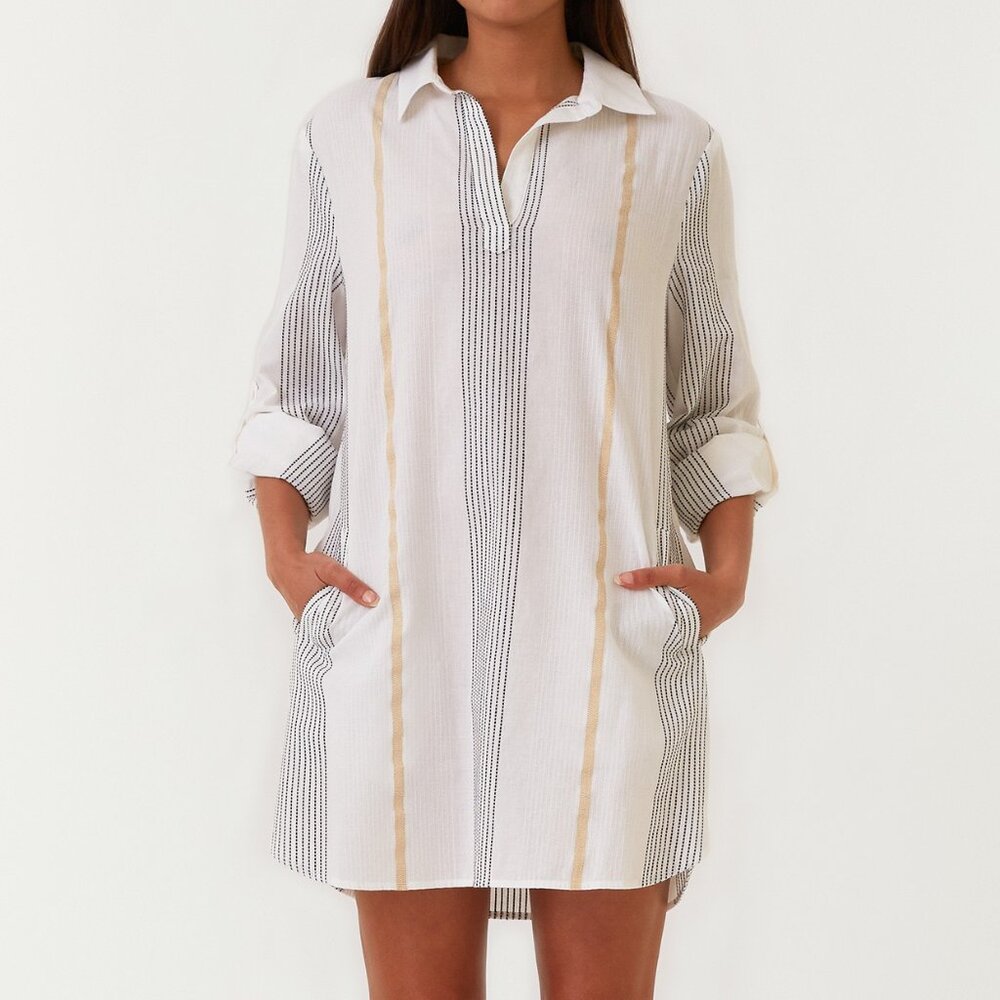 Love Stitch Yarn Dye Striped Collared Mini Shirt Dress